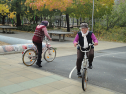 Zwei Seniorinnen fahren auf einem Testparcour Fahrrad.